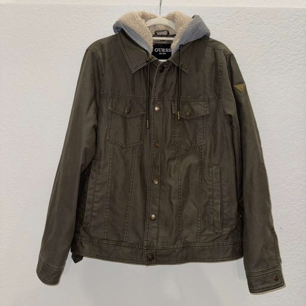 Guess Men's Size M Sherpa Lined Military Style Hooded Jacket Snap Button Olive